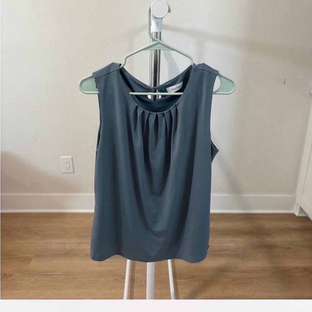 Calvin Klein Sleeveless Pleated Neck Blouse - Slate